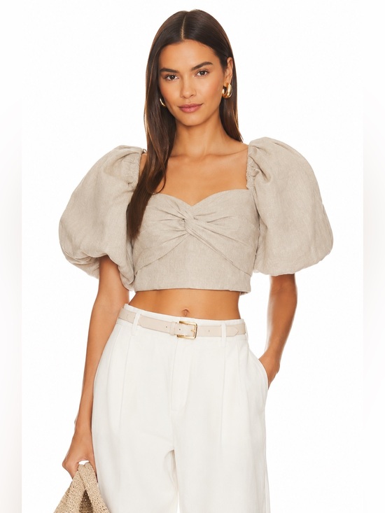 & Other Stories Tops - Twist Front Puff Sleeve Crop Top - Beige